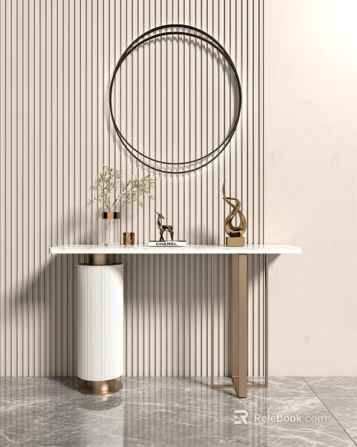 Modern Entryway Console Table With Circular Mirror And Decorative Figurines On Striped Wall 3d model