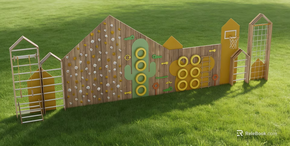 Kindergarten Outdoor Climbing Wall Wooden Structure With Green Yellow Rings Cactus Design On Grassy Lawn 3d model 