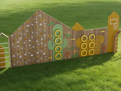 Kindergarten Outdoor Climbing Wall Wooden Structure With Green Yellow Rings Cactus Design On Grassy Lawn 3d model