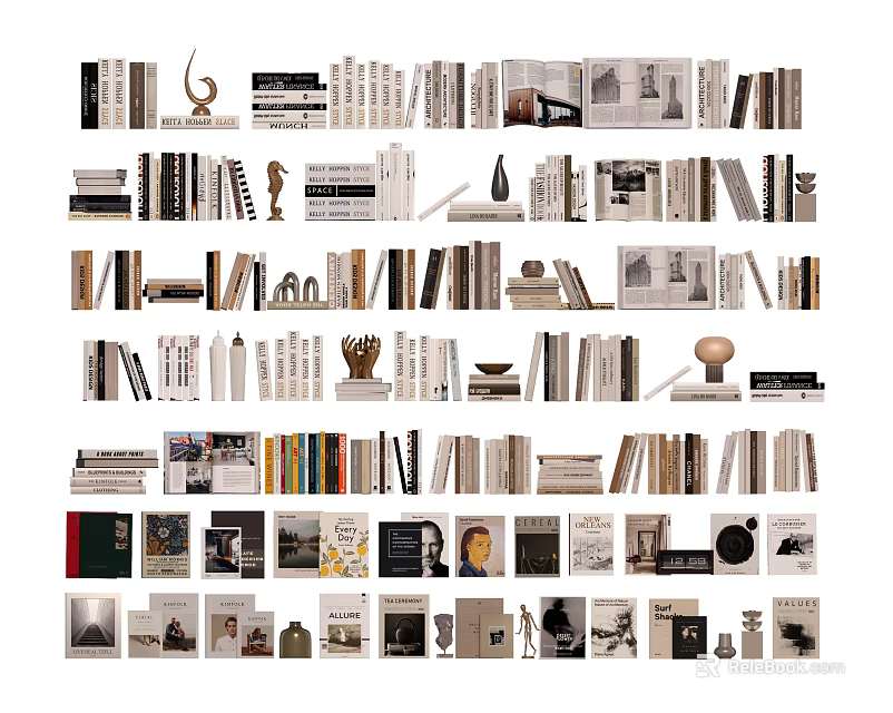 Various Books And Magazines Arranged On Shelves With Decorative Items 3d model