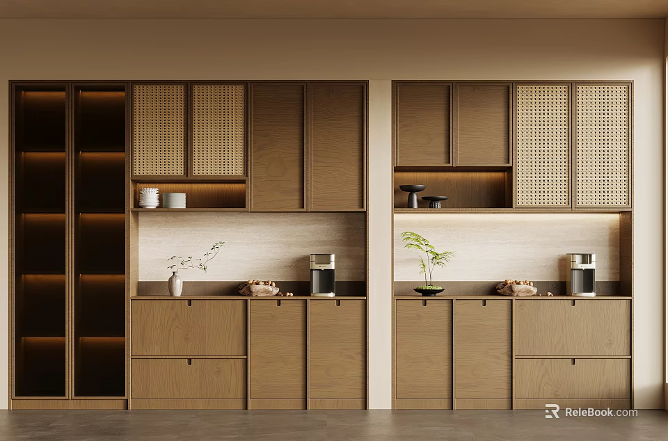 Modern Wine Cabinet In Open Kitchen With Wooden Frame And Glass Display Doors 3d model 