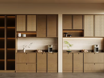Modern Wine Cabinet In Open Kitchen With Wooden Frame And Glass Display Doors 3d model