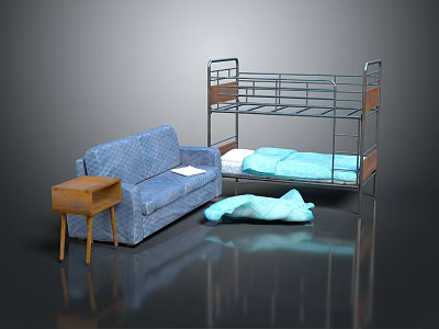 Metal Frame Bunk Bed with Blue Sofa Wooden Side Table and Blue Floor Cushion 3d model