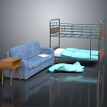 Metal Frame Bunk Bed with Blue Sofa Wooden Side Table and Blue Floor Cushion