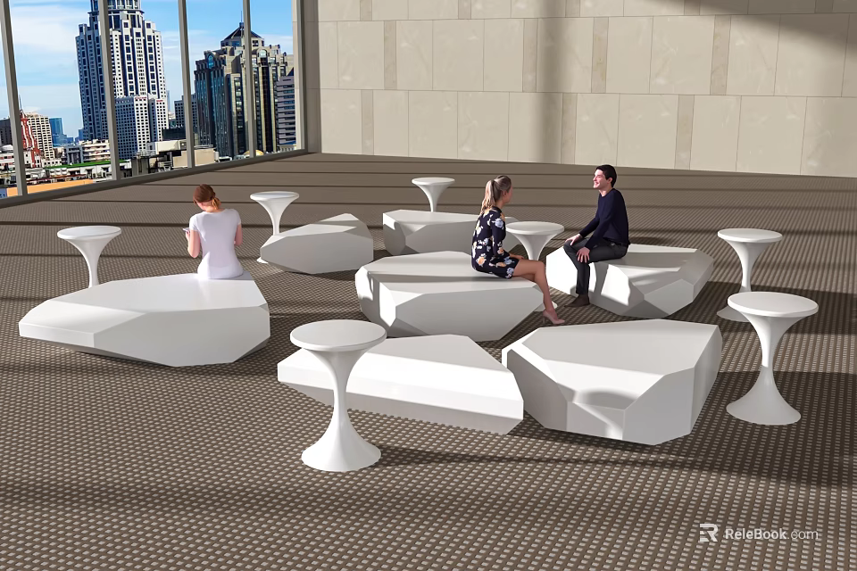 Modern Public Chairs With Geometric Shape In Indoor Space Featuring Large Windows 3d model 