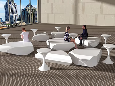 Modern Public Chairs With Geometric Shape In Indoor Space Featuring Large Windows 3d model