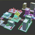 Cartoon City Scene Featuring Pink Cake Building Blue Buildings Streets And Trees