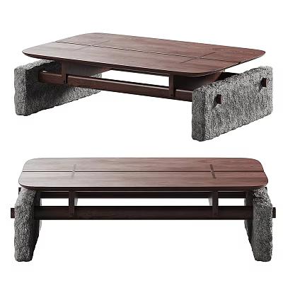 Modern Coffee Table With Wooden Tabletop And Stone Legs For Living Room 3d model