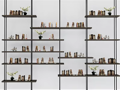 Modern Black Shelf Unit With Books Decorative Items And Vases In Home Interior 3d model
