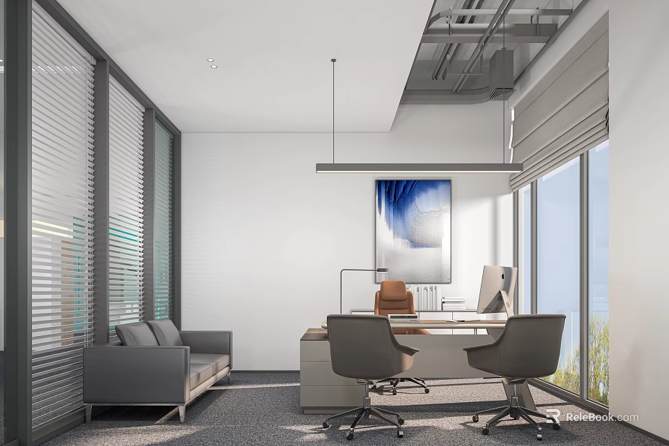 Modern Office Interior With Sofa Desk Chairs Computer Large Windows Blinds And Hanging Artwork 3d model