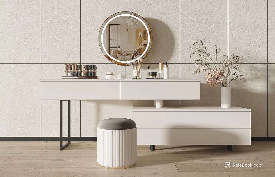 Modern White Dressing Table With Round Mirror Cosmetics Stool And Flower Vase 3d model 