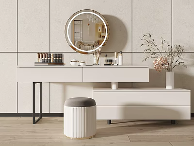 Modern White Dressing Table With Round Mirror Cosmetics Stool And Flower Vase 3d model
