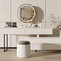 Modern White Dressing Table With Round Mirror Cosmetics Stool And Flower Vase