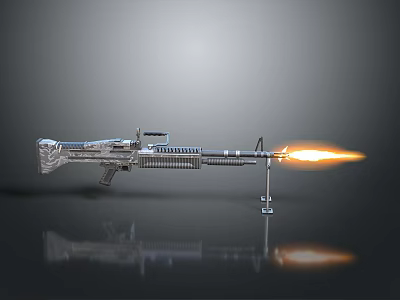 Metallic Gun Firing Flame Mounted On Stand With Gray Background And Reflective Surface 3d model