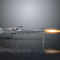Metallic Gun Firing Flame Mounted On Stand With Gray Background And Reflective Surface