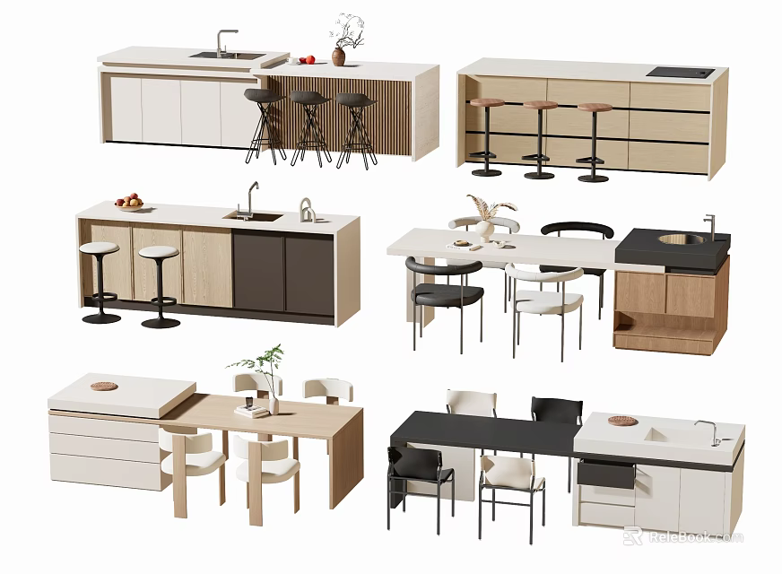 Modern Bar Counter Designs In Different Styles With Stools And Storage Cabinets 3d model