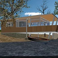 Wooden House with Large Windows and Veranda by Water with Moored Boat Near Trees