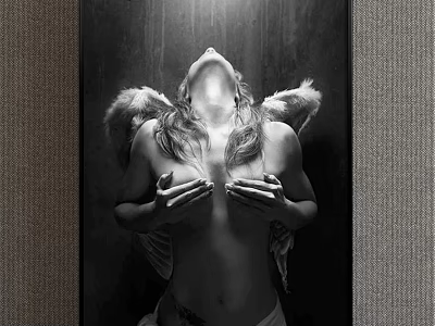 Black and White Female Angel Figure Painting Featuring Head Tilted Upward And Feathered Wings 3d model