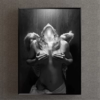 Black and White Female Angel Figure Painting Featuring Head Tilted Upward And Feathered Wings 3d model