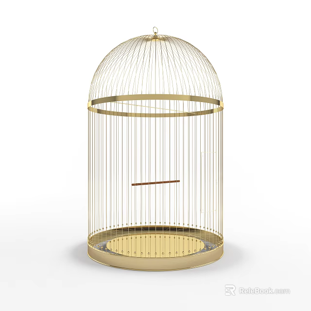 Decorative Golden Metal Birdcage With Dome Structure Base And Internal Perch 3d model 