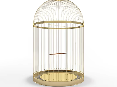 Decorative Golden Metal Birdcage With Dome Structure Base And Internal Perch 3d model