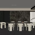 Modern Restaurant Interior Featuring Large Dining Table White Chairs Dark Wall Green Plants And Gray Floor
