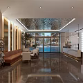 Hotel Lobby Interior With Shiny Ceiling Marble Floor Seating Area Indoor Plant And Large Windows