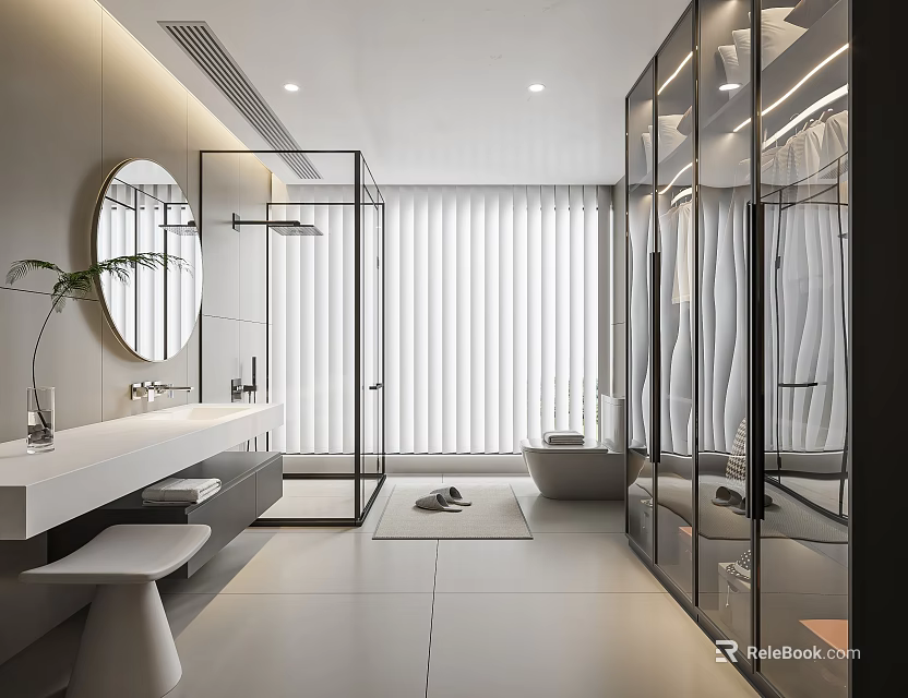 Modern Minimalist Bathroom With Open Design Glass Shower Marble Countertop Bathtub And Large Mirror 3d model 