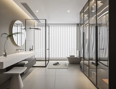 Modern Minimalist Bathroom With Open Design Glass Shower Marble Countertop Bathtub And Large Mirror 3d model