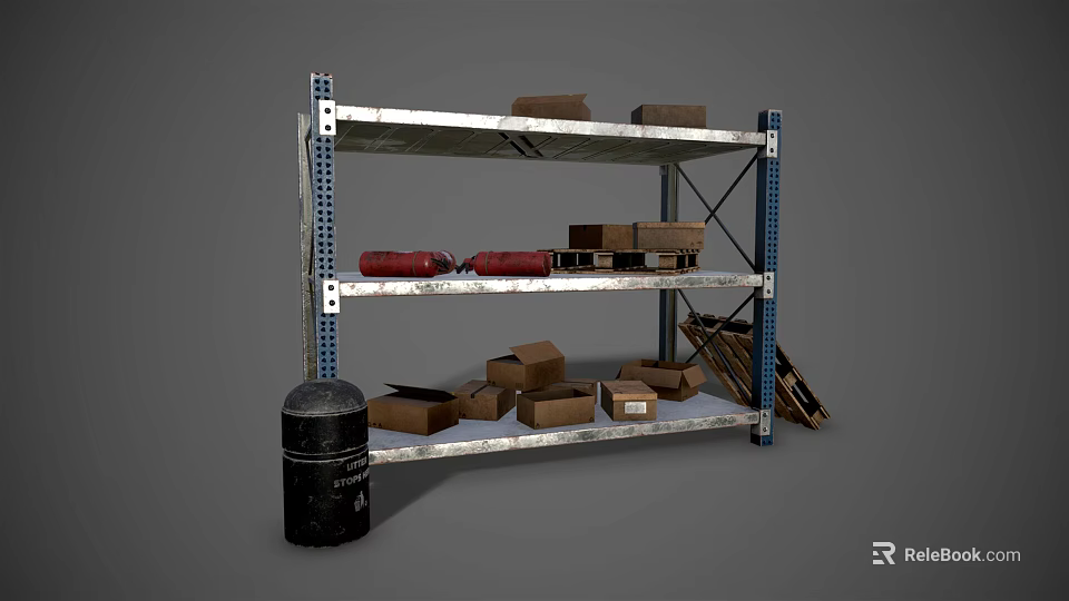 Multi Tiered Storage Shelf With Cardboard Boxes Red Items Black Barrel And Wooden Planks 3d model 