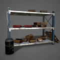 Multi Tiered Storage Shelf With Cardboard Boxes Red Items Black Barrel And Wooden Planks