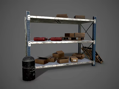Multi Tiered Storage Shelf With Cardboard Boxes Red Items Black Barrel And Wooden Planks 3d model