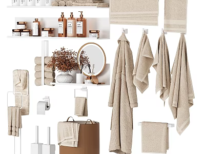 Premium Soft Cotton Towels Organized Toiletries And Storage Racks For Daily Washing Essentials 3d model