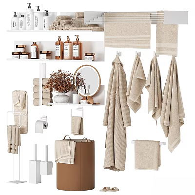 Premium Soft Cotton Towels Organized Toiletries And Storage Racks For Daily Washing Essentials 3d model
