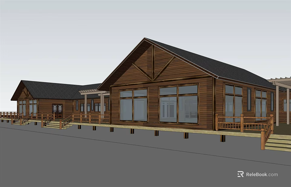 Wooden House Exterior With Dark Roof Multiple Windows And Porch Steps 3d model 