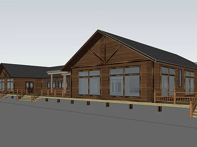 Wooden House Exterior With Dark Roof Multiple Windows And Porch Steps 3d model