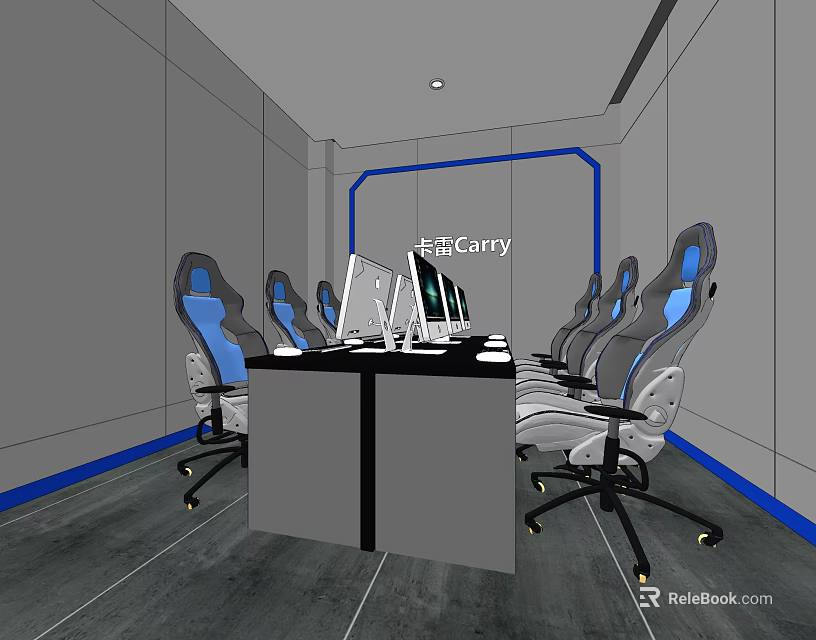 Modern Internet Cafe With Gaming Chairs Computers Gray Walls And Blue Accents 3d model 