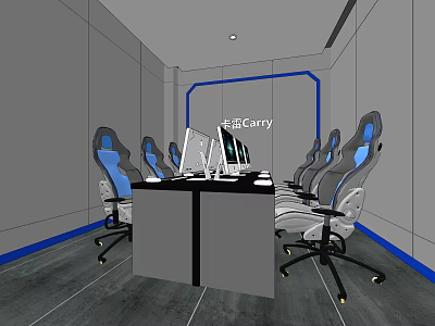Modern Internet Cafe With Gaming Chairs Computers Gray Walls And Blue Accents 3d model