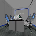 Modern Internet Cafe With Gaming Chairs Computers Gray Walls And Blue Accents