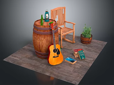 Rustic Wooden Rocking Chair with Wooden Barrel Lantern Acoustic Guitar and Potted Plant on Rug 3d model