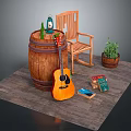 Rustic Wooden Rocking Chair with Wooden Barrel Lantern Acoustic Guitar and Potted Plant on Rug