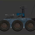 Blue Robotic Vehicle With Four Wheels Camera Antenna And Mechanical Arm