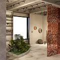 Modern Art Gallery With Curved White Walls Black Framed Pink Artworks And Pedestals