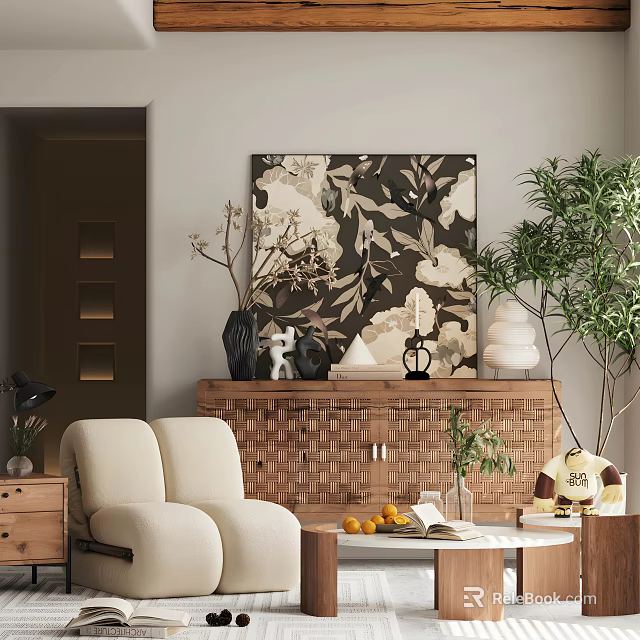 Woven Wooden Dresser with Decorative Vases Sculptures and Floral Wall Art in Modern Living Room 3d model 