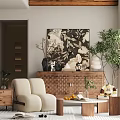 Woven Wooden Dresser with Decorative Vases Sculptures and Floral Wall Art in Modern Living Room