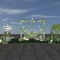 Outdoor Decorated Arch With Green Plants Bloomville Sign And White Circular Decor On Lawn