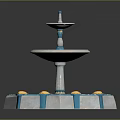 Two Tiered Fountain With Polygonal Base Circular Trays Blue White Columns And Golden Accents