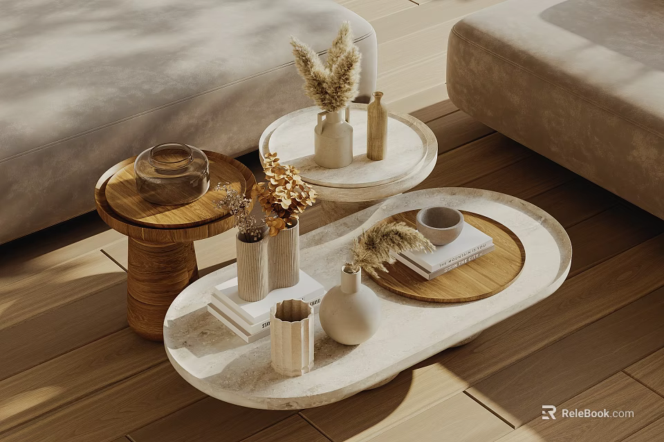 Modern Marble Coffee Table With Vases Dried Plants Wooden Tray And Books On Sofa Side 3d model 