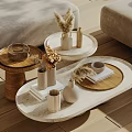 Modern Marble Coffee Table With Vases Dried Plants Wooden Tray And Books On Sofa Side