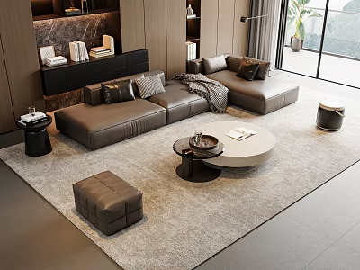 Modern Luxury Sofa and Coffee Table Set With Leather L-shaped Sofa Round Table Gray Rug 3d model